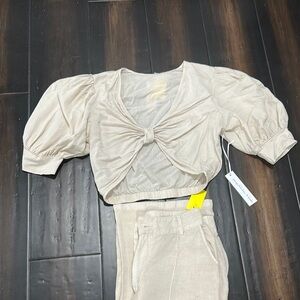 Elegant linen Cream Puff Sleeve Top & pants set